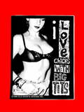 Black and white image with text 'I love chicks with big tits' and a person in lingerie.