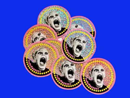 Set of circular stickers with a Bat Boy design on a Glittery background