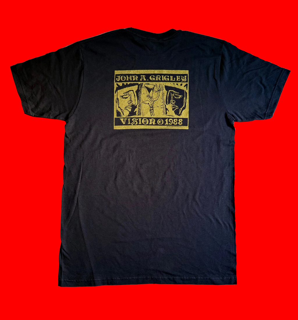 Charcoal Grey t-shirt with a golden graphic design on a gold background.