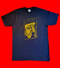 Charcoal Grey t-shirt with a golden printed graphic on a solid red background