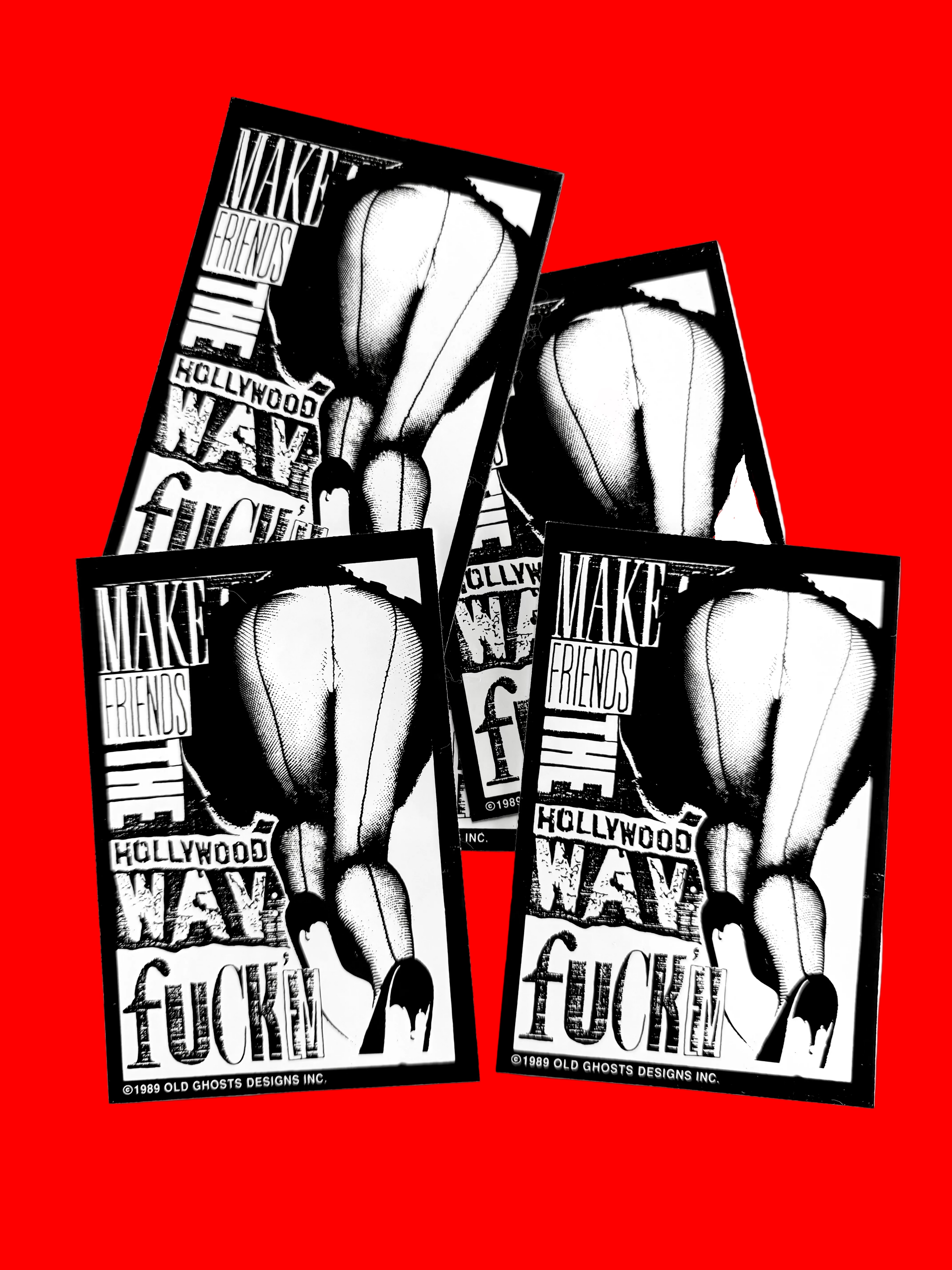 Five black and white stickers with text and a graphic of a hand holding a balloon.