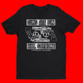 Black t-shirt with white graphic of revolvers and text on a white background