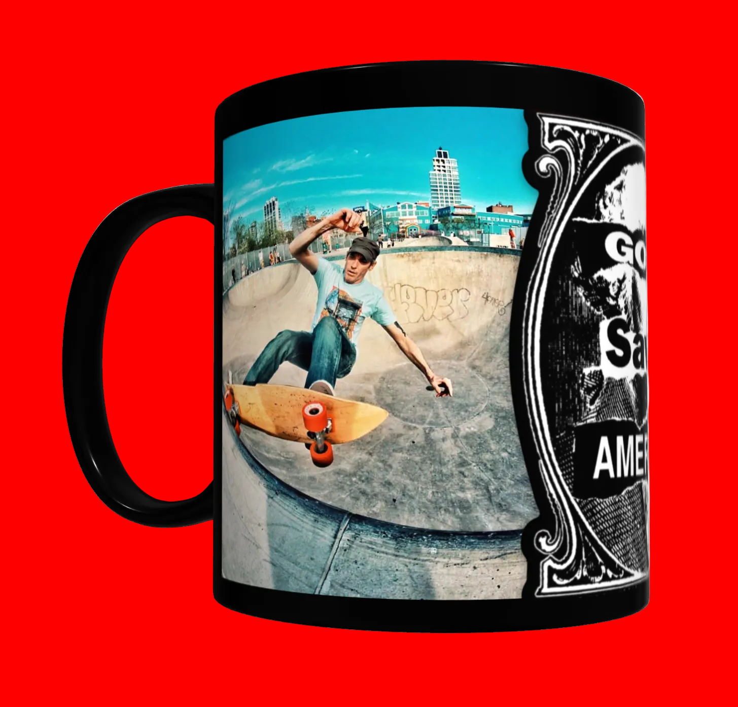 A black ceramic mug featuring a wrap-around graphic print of a skateboarder in a skatepark and a black-and-white decorative side panel with the text 'Go Skate America'.