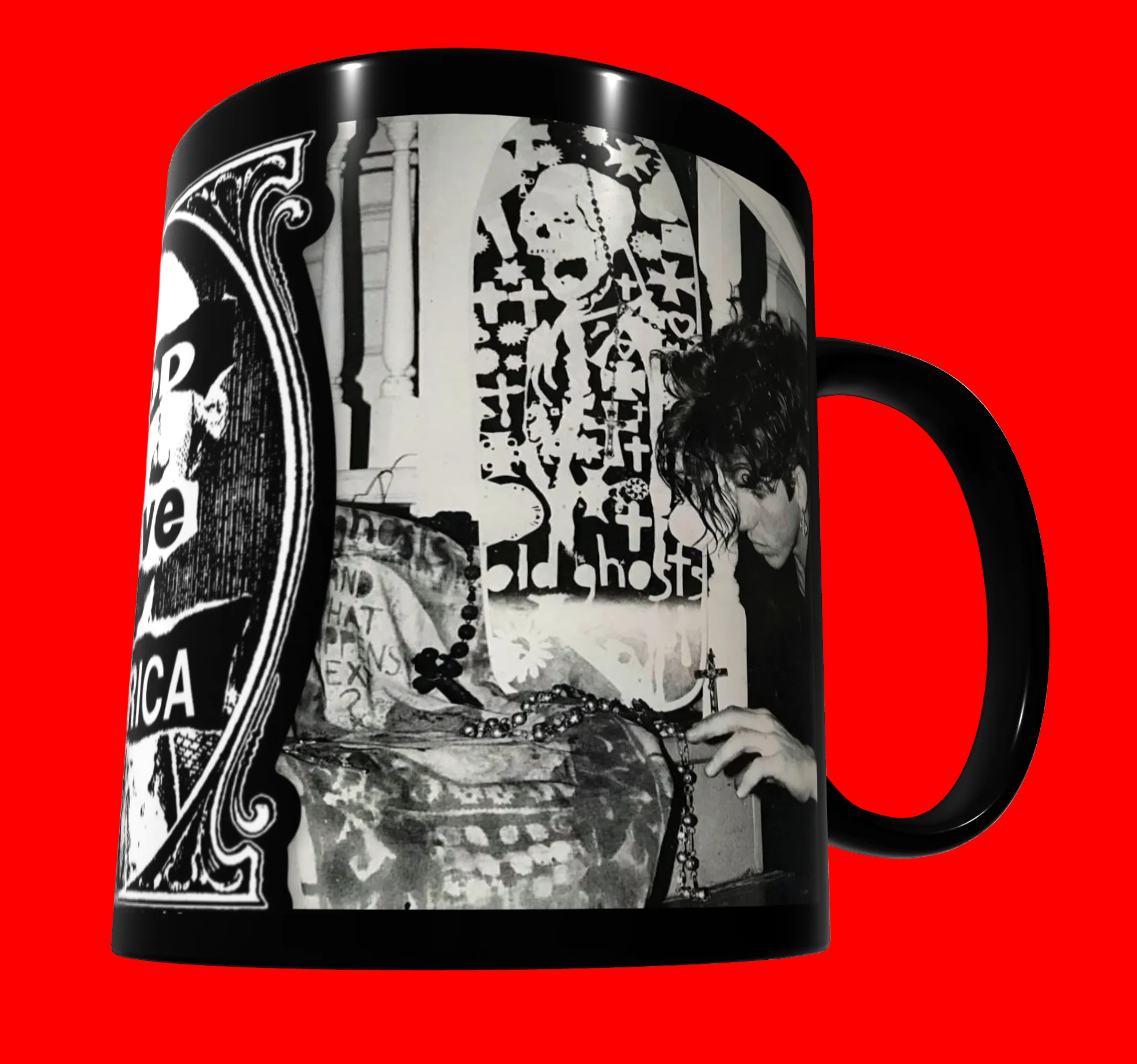 A black ceramic mug featuring a high-contrast black and white graphic print of a gothic scene with a skeleton and a person.