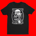 Black t-shirt with graphic design and text 'God Save America' on a white background