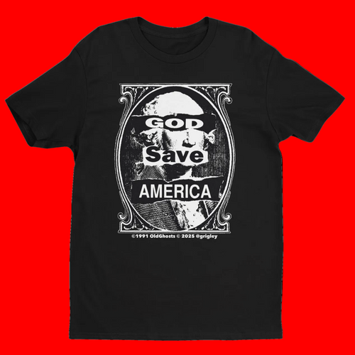 Black t-shirt with graphic design and text 'God Save America' on a white background