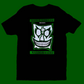 Black Skateboarding t-shirt with a white and green graphic design on a white background. Vision Skates John Grigley 1897
