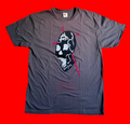 Gray t-shirt with a skull skateboard graphic design on a red background