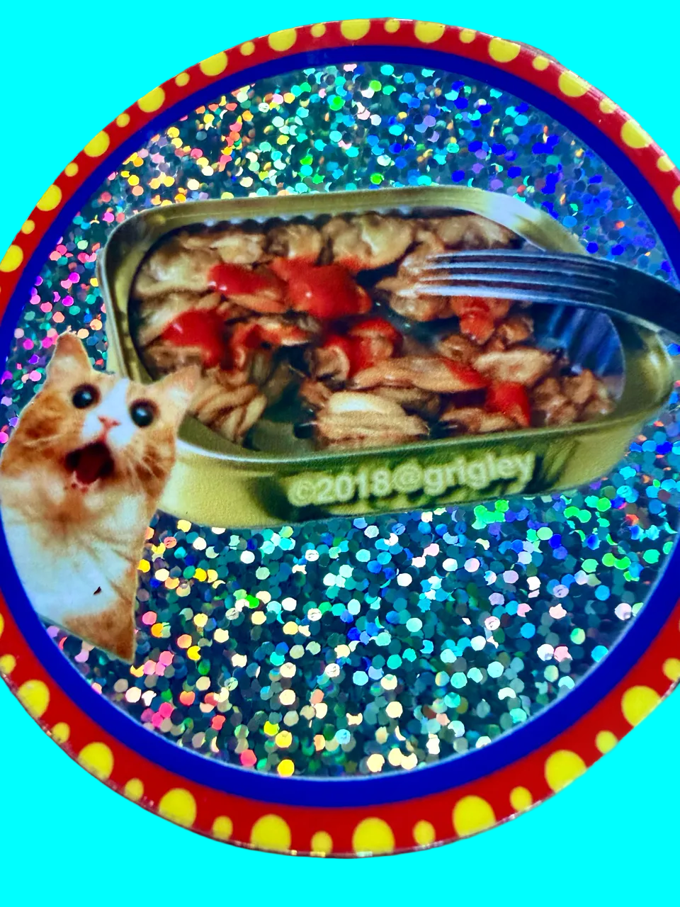 Cat food can with a fork on a colorful, glittery background with a cat's face.