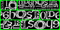 A collage of black rectangular panels showing stylized white gothic and distressed lettering on a bright green background. Visible text includes 'LO GHOSTS', 'CLOTHING FOR A FUCKED UP WORLD', 'GHOSTS ONLY', and 'STFU'.