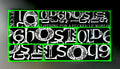 A rectangular graphic print or sticker sheet featuring bold black and white gothic-style lettering with a bright green border. The text includes phrases such as 'GHOSTS' and 'CLOTHING FOR A FUCKED UP WORLD' on a dark background.