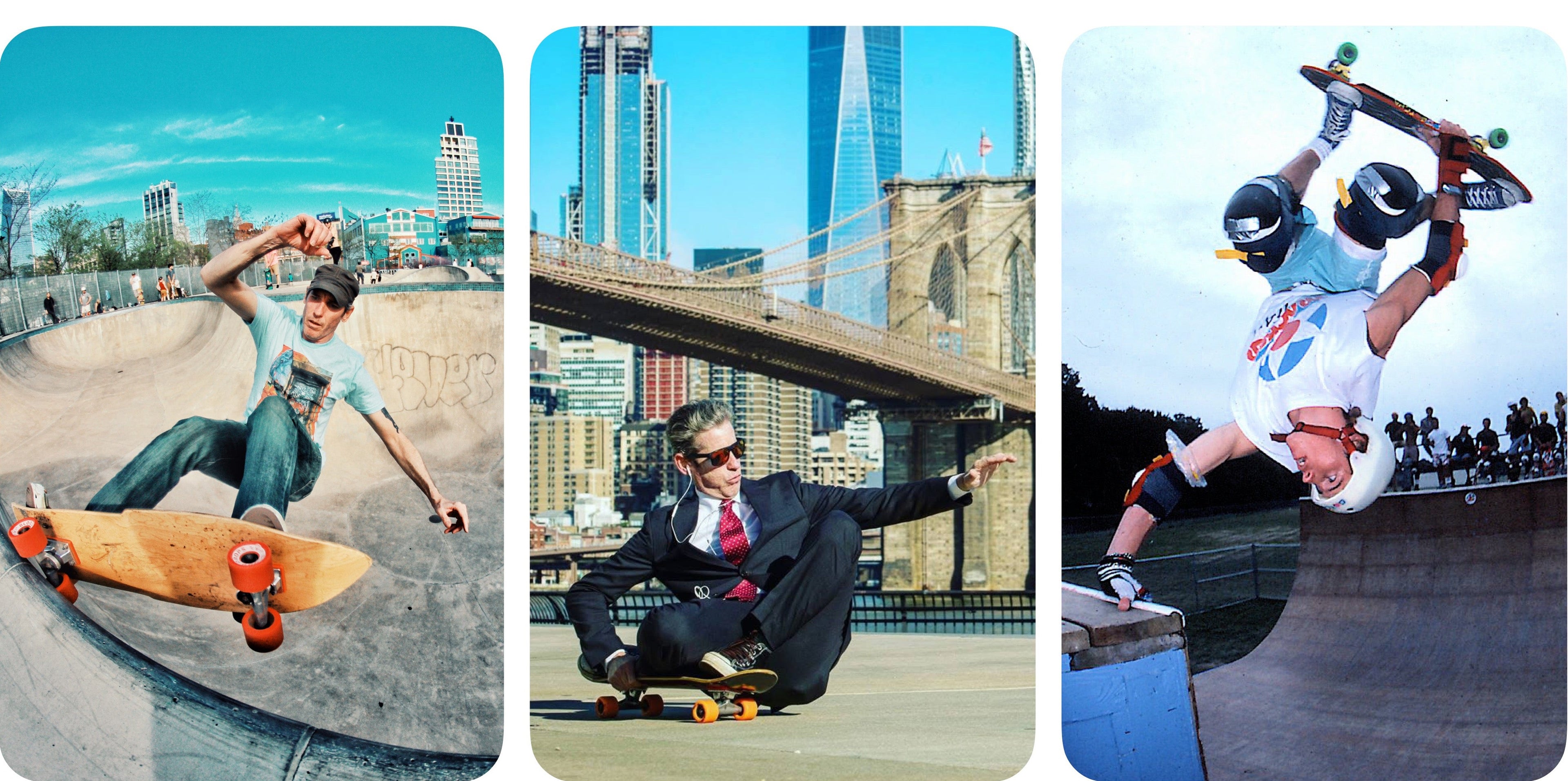 A three-panel collage showing a person skateboarding in urban and park settings. The left panel shows the skateboarder in a concrete bowl with city buildings in the background.