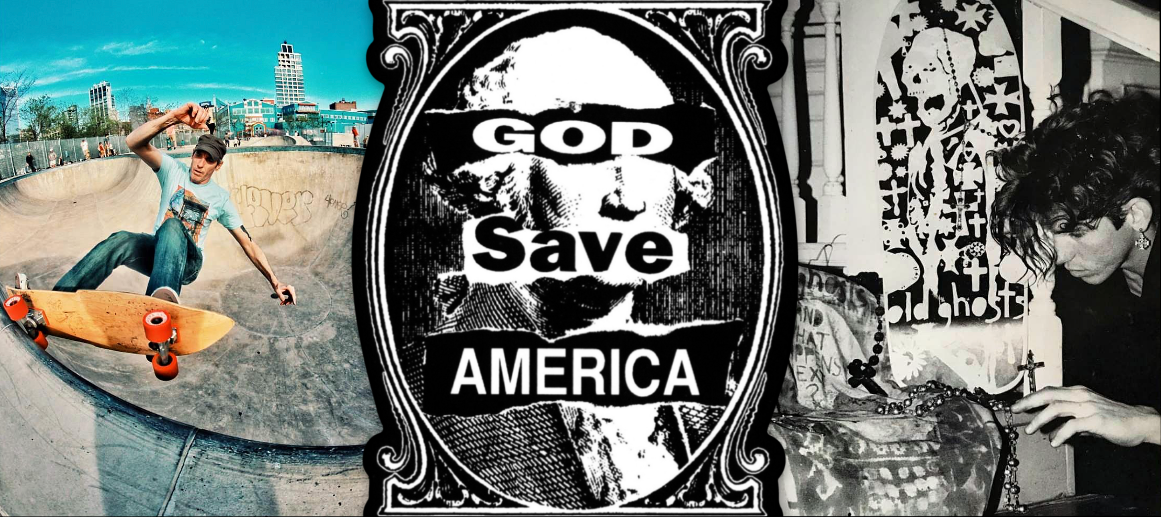 A triptych-style graphic with three vertical panels: a skateboarder in a concrete bowl on the left, a black-and-white ornate oval emblem reading 'God Save America' in the center, and a black-and-white photo of a person at a piano on the right.