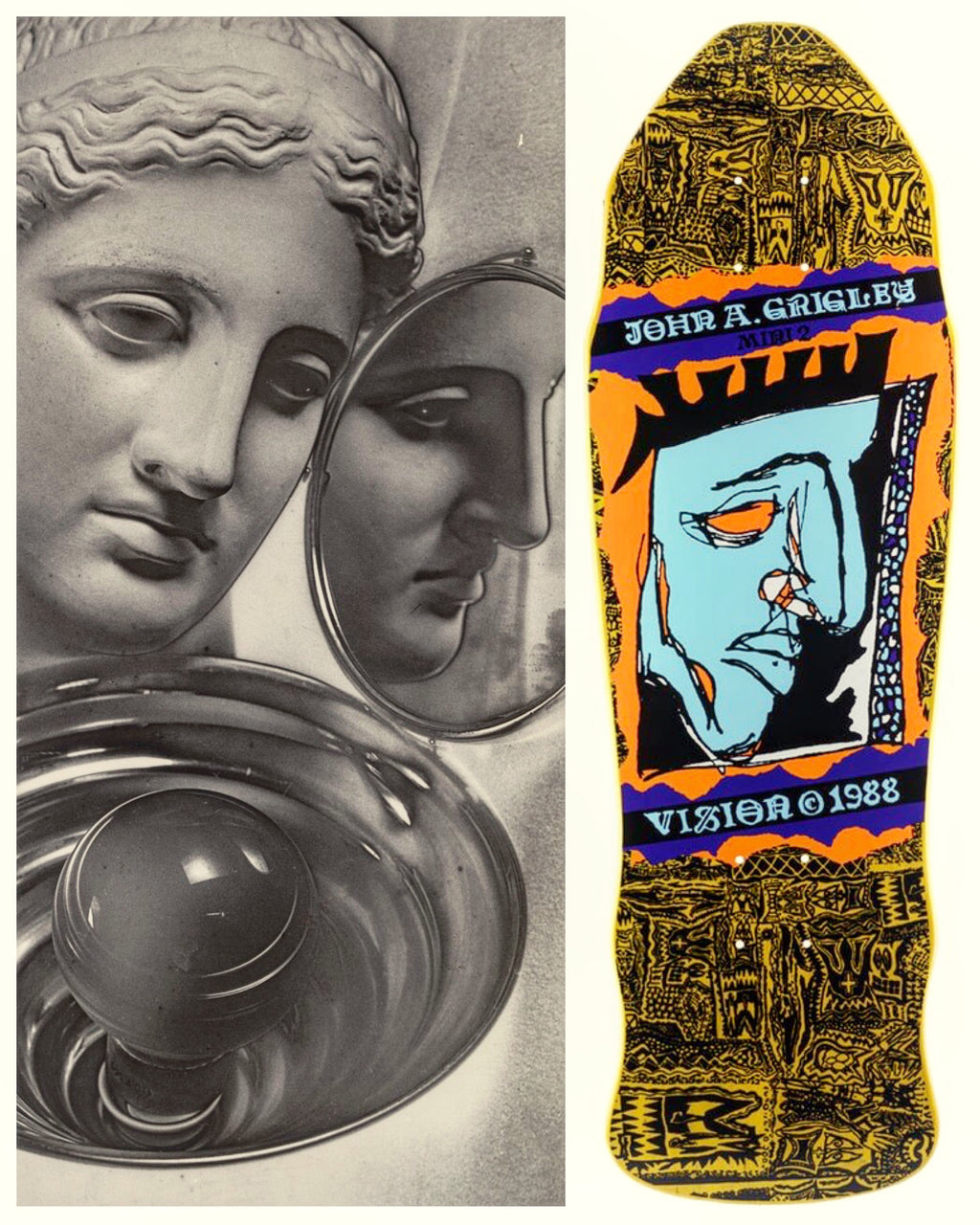 ManRay B&W Photo, and a Grigley Vision Skateboard deck with artistic design on a gray background