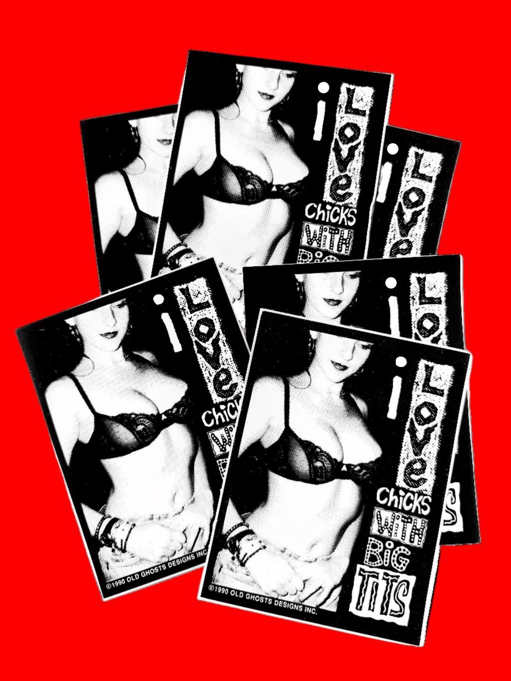 Set of black and white cards featuring women in lingerie with text on a red background