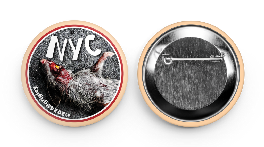 Button badge with 'NYC' text and rat illustration on one side, metallic center on the other, on a clear background.