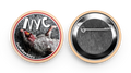 Button badge with 'NYC' text and rat illustration on one side, metallic center on the other, on a clear background.