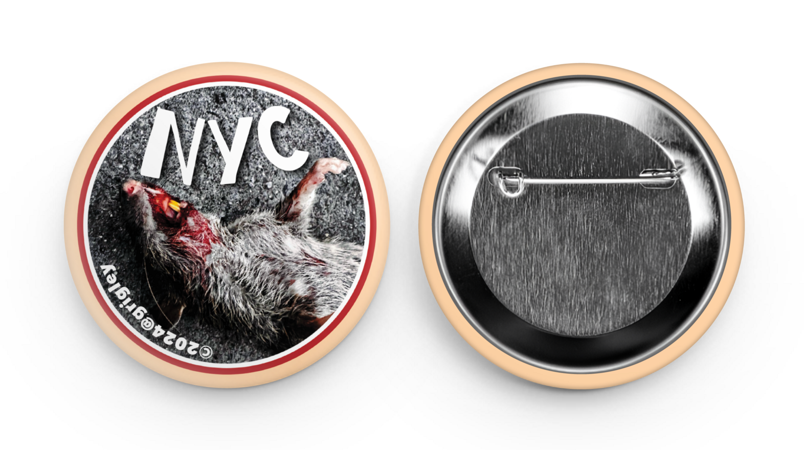 Button badge with 'NYC' text and rat illustration on one side, metallic center on the other, on a clear background.