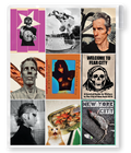 A square art print or poster featuring a collage of nine distinct illustrated and photographic panels, including portraits, a star graphic, a skateboard scene, a skull poster reading 'Welcome to Fear City,' a cat, and a rat on the ground. The collage is centered on a white background with a thin dark border.