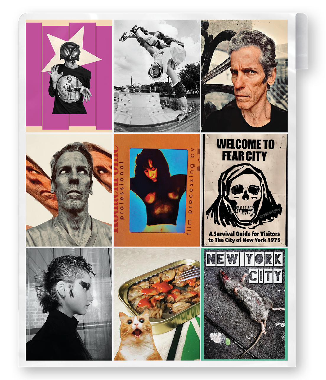 A square art print or poster featuring a collage of nine distinct illustrated and photographic panels, including portraits, a star graphic, a skateboard scene, a skull poster reading 'Welcome to Fear City,' a cat, and a rat on the ground. The collage is centered on a white background with a thin dark border.