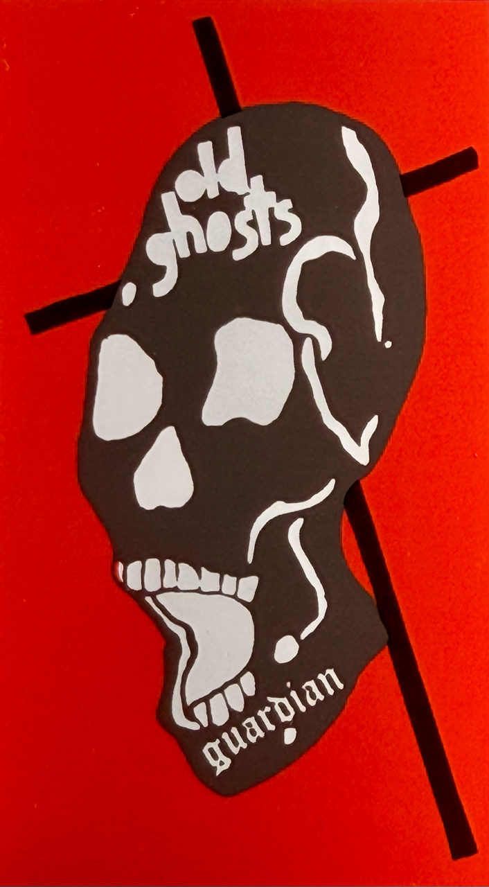 Skull design with 'Old Ghosts Guardian' text on a red background