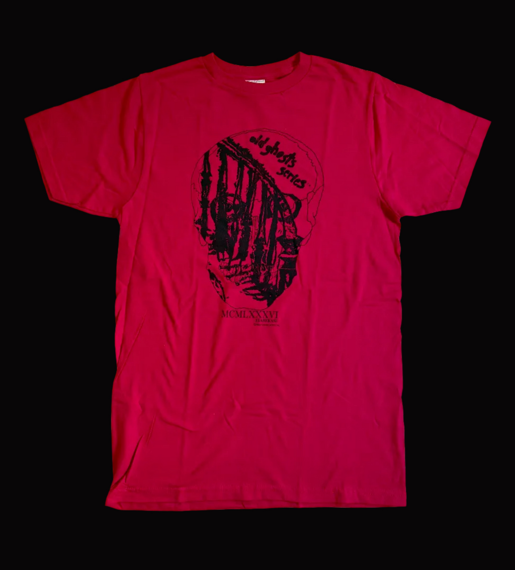 Red t-shirt with black skull graphic design on a black background.