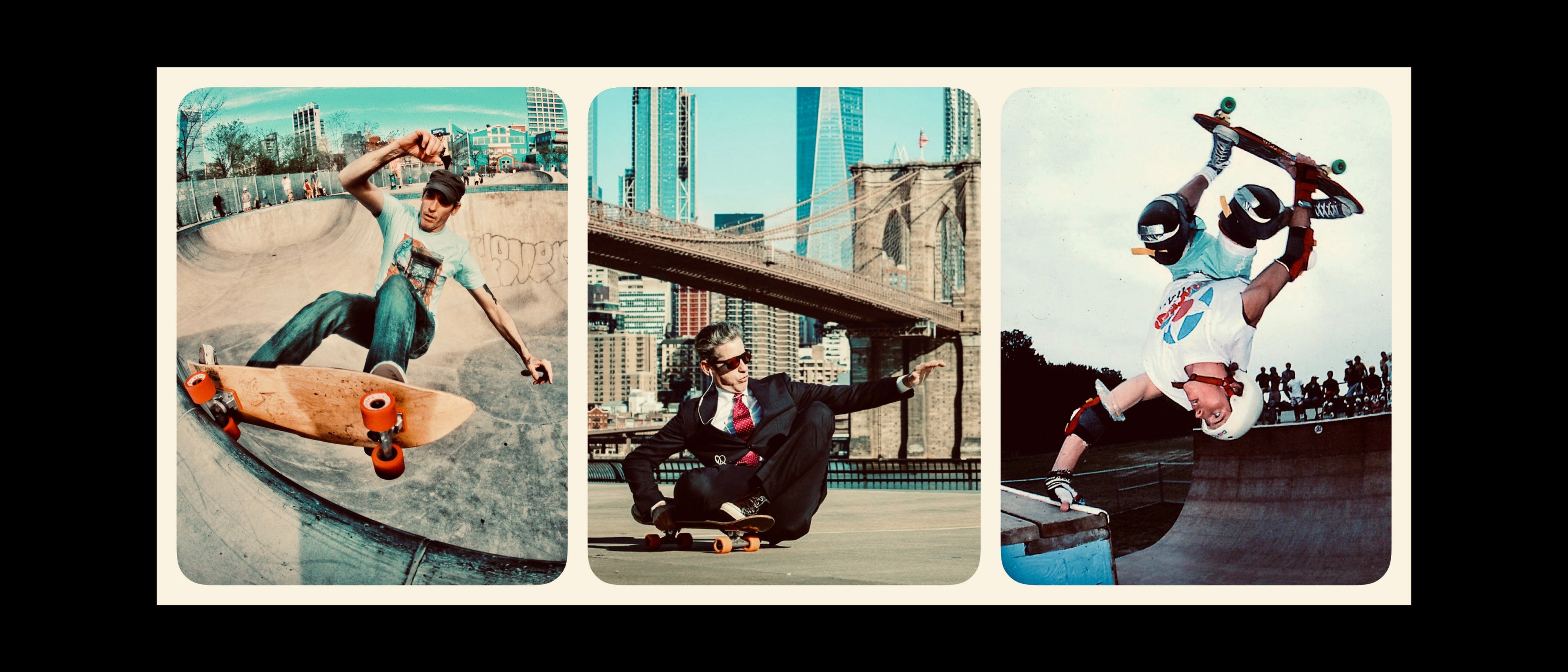 A three-panel collage showing a skateboarder performing tricks in a skatepark, with a man in a suit posing with a skateboard in front of the Brooklyn Bridge, and another skateboarder doing a flip in a bowl. The panels have a vintage, slightly grainy filter.