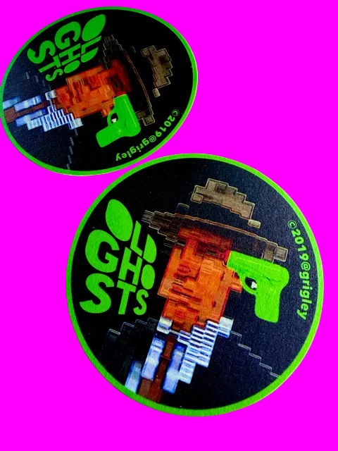 Two round stickers with 'Old Ghosts' branding on a white background