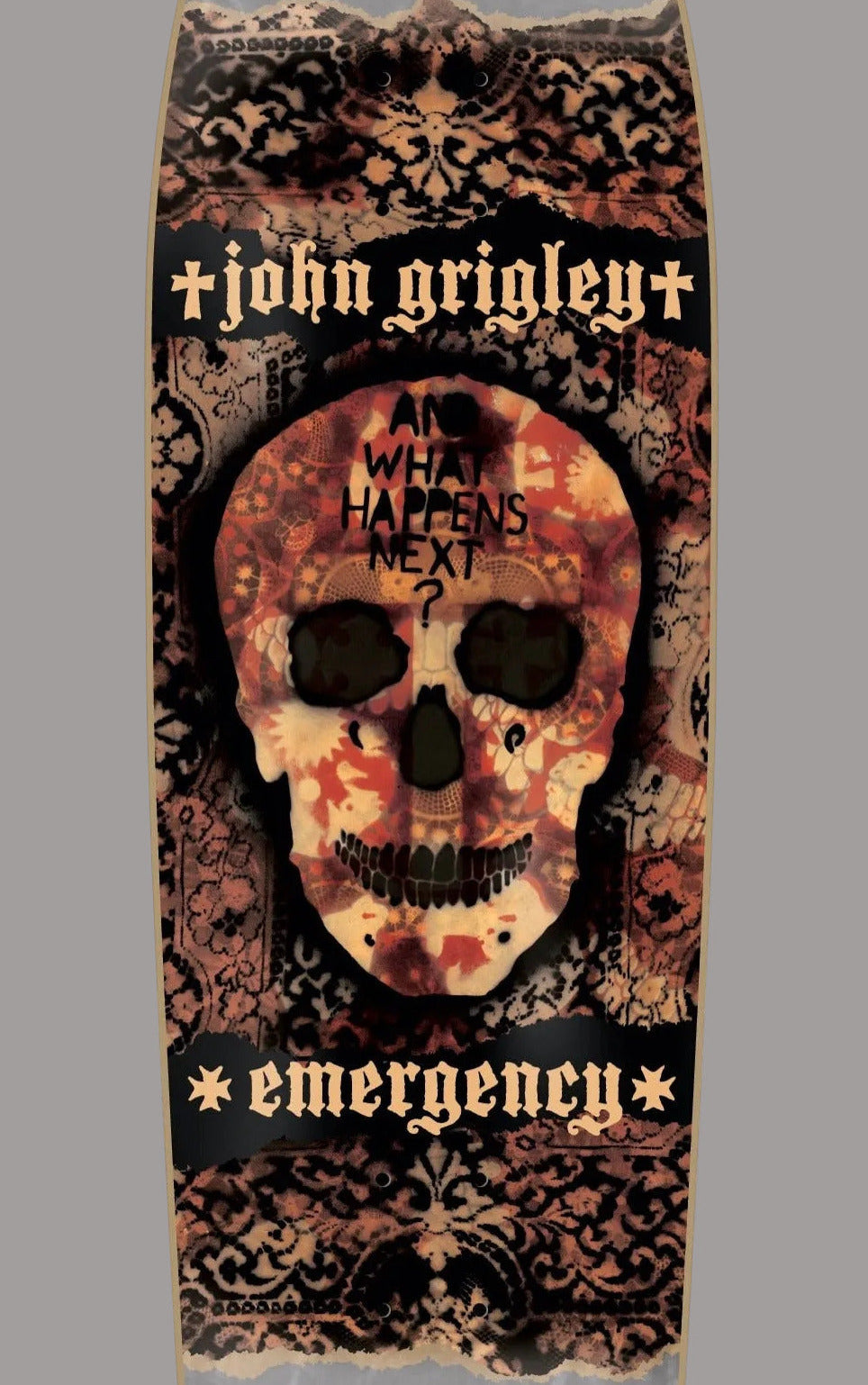 Skateboard with skull design and text 'John Grigley' and 'emergency'.