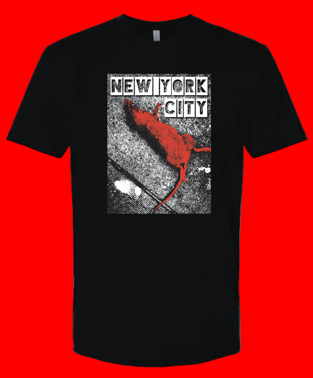 Black t-shirt with 'New York City' graphic featuring a dead rat on a red background