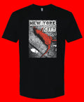 Black t-shirt with 'New York City' graphic featuring a dead rat on a red background