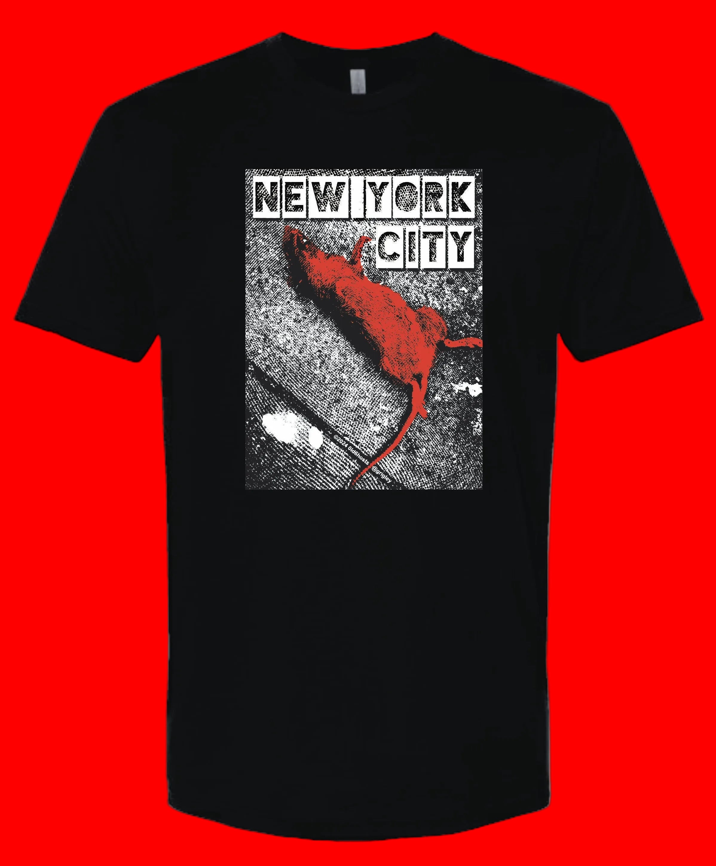 Black t-shirt with 'New York City' graphic featuring a dead rat on a red background